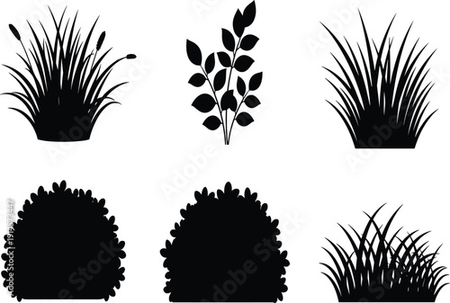 Black grass and bush silhouette collection featuring various garden plants shrubs and meadow turf isolated on white background for nature landscape design