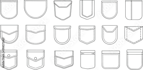 Technical Fashion Sketch Set of Minimalist Pocket Designs Including Flap Pockets Patch Pockets and Rounded Denim Details for Apparel Manufacturing Tech Pack Illustrations
