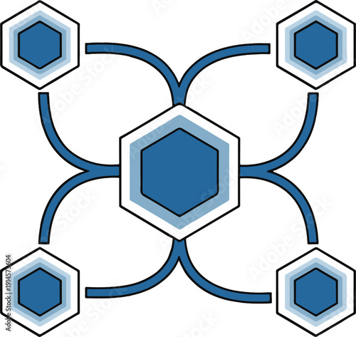 Visualizing Central Hexagon Connected to Smaller Hexagons via Curved Lines in Graphic