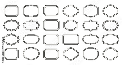 Collection of thirty sophisticated, elegant, and minimalist black line art labels featuring various vintage and classic decorative frame shapes for design projects.