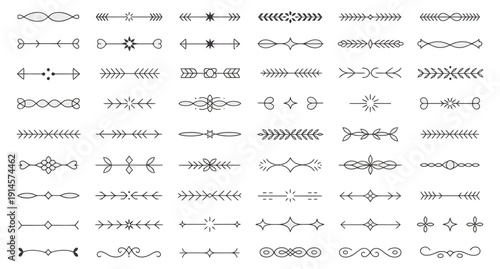 Collection of decorative minimalist line art dividers featuring arrows, leaves, floral motifs, and abstract shapes for design projects