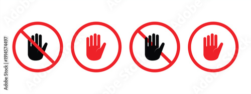Stop hand icon set in red and black on a white background. vector illustration
