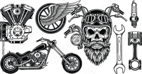 Detailed vector illustration of motorcycle elements, engine, chopper bike, winged wheel, spark plug, wrench, piston, skull helmet, black and white art