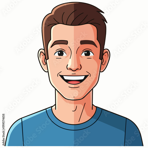A smiling young man with brown hair wearing a blue shirt is depicted in a simple illustration style from a frontal viewpoint