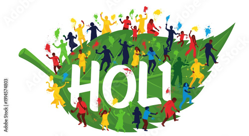 Colorful illustration of people celebrating Holi on a green leaf with eco-friendly decorations and a joyful atmosphere.