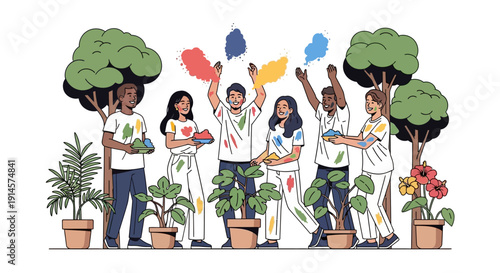 A diverse group of people celebrating Eco friendly Holi with colorful smoke and plants around them in a vibrant and joyful illustration.
