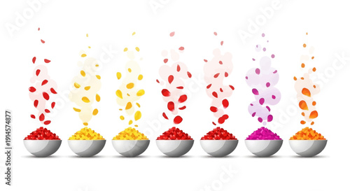 Eco-friendly Holi festival celebration with colorful powders exploding from bowls in a vibrant and joyful illustration, conveying a sense of eco-friendly decoration and design.