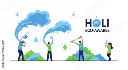 Eco-friendly Holi celebration illustration with people playing colored water and smoke on a white background with green and blue decorations.