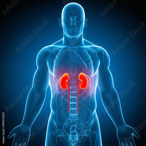3D medical illustration of the human renal system, showing prominent red kidneys and ureters within a translucent blue male anatomical figure for health education