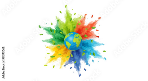 Vector illustration of a colorful globe surrounded by eco-friendly Holi celebration splashes in green, blue, yellow, and red hues on a white background.