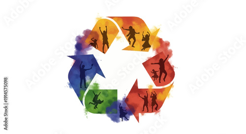 Eco-friendly Holi celebration illustration with colorful recycling symbol and people in a vibrant, abstract design on a white background.
