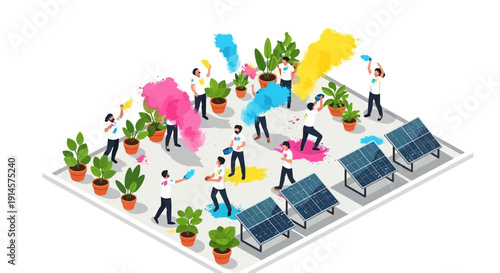 Isometric illustration of a group of people celebrating Holi with colorful smoke and water, surrounded by plants and solar panels on a gray background, promoting eco-friendly business