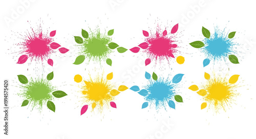 Eco-friendly Holi celebration decoration with colorful flower and smoke designs on a white background.