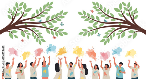 Vector illustration of a diverse group of people celebrating Holi with colorful smoke and flowers under a tree with green leaves on a white background, conveying a joyful and eco-friendly