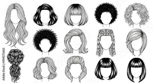 Collection of diverse hairstyles drawn in black and white.