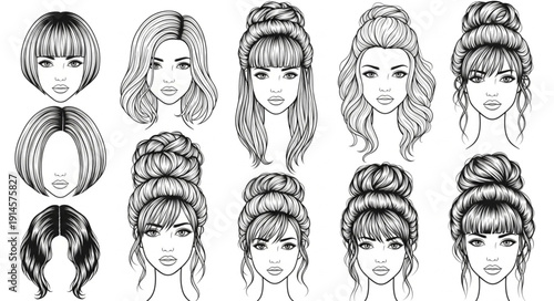 Collection of diverse female hairstyles hand-drawn sketches.