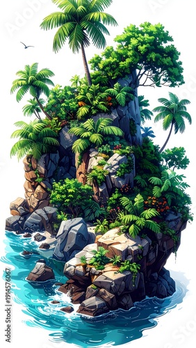 A serene tropical island with lush greenery and rocky shores