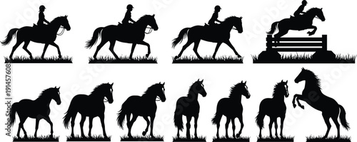 Horse silhouettes with riders in motion, equestrian activities illustration, standing and rearing poses, dynamic vector artwork design for creative projects