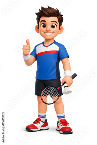 A young cartoon boy in sportswear holding a tennis racket and shuttlecock, giving a thumbs up.