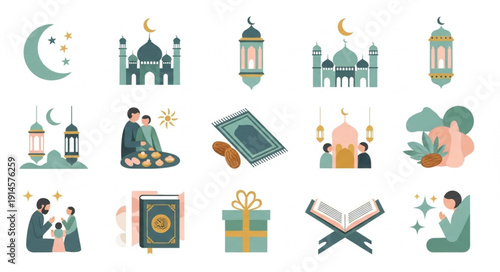 Islamic cultural elements and symbols for Ramadan and Eid celebrations.