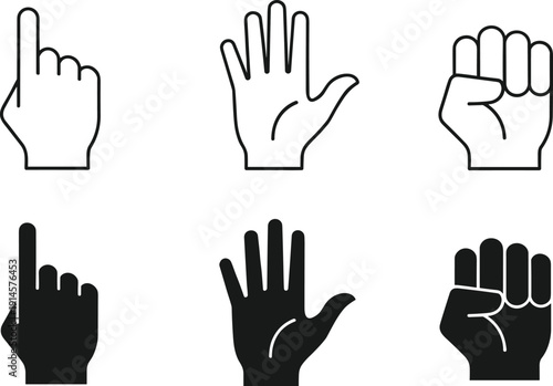 Set of hand gesture icons including pointing finger open palm and clenched fist in outline and solid black styles isolated on white