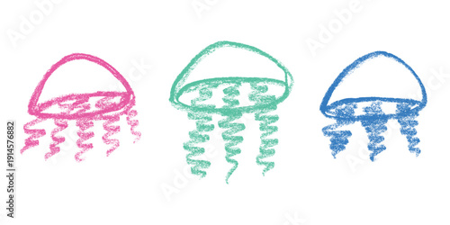 Set of hand drawn jellyfish doodle Sea animal illustration Cute marine underwater creature Medusa sketch clipart Single element for web, design, decor, children's print