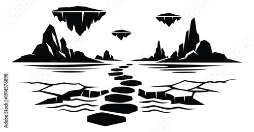 Silhouette illustration of a fantasy landscape depicting a path to floating islands for adventure games