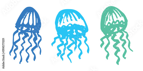 Set of hand drawn jellyfish doodle Sea animal illustration Cute marine underwater creature Medusa sketch clipart Single element for web, design, decor, children's print