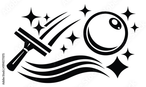 Graphic cleaning icons set featuring a squeegee, soap bubble, and sparkle effects for housekeeping and hygiene services