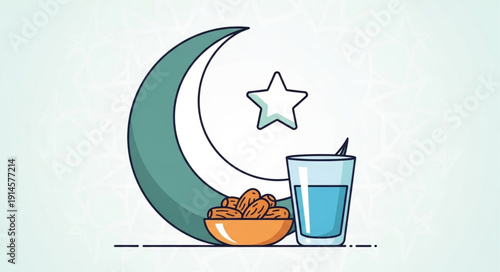 Islamic crescent moon with star dates and water for Iftar.