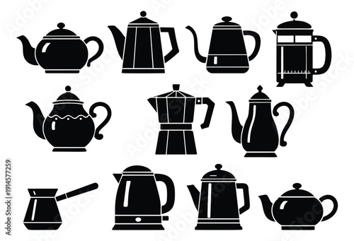 Black silhouette coffee and tea pots set featuring teapots, espresso makers, French press, and kettles for kitchenware and beverage concepts