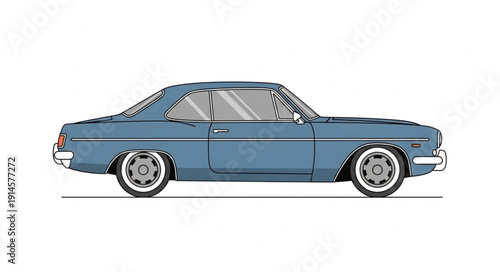 Classic Blue American Muscle Car Side View Isolated.