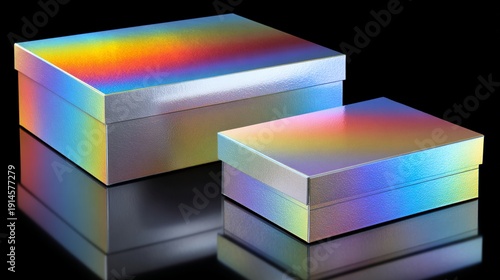 Two iridescent boxes, one smaller, on a reflective black surface, showcasing vibrant colors