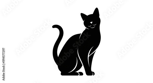 Black cat silhouette sitting elegantly on a white background.