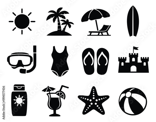 Simple graphic summer beach icons set featuring sun, palm trees, surfboard, and flip flops for a beach holiday