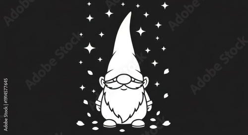 Whimsical Gnome with Pointed Hat Surrounded by Stars and Leaves