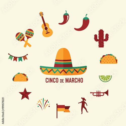 シンコ・デ・マヨを祝うメキシコのシンボルが円形に配置されたイラスト.