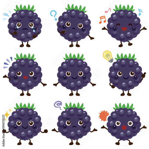 ○×△の札を持ったブラックベリーのキャラクターイラスト／ute Blackberry Character Illustration – Expression Set