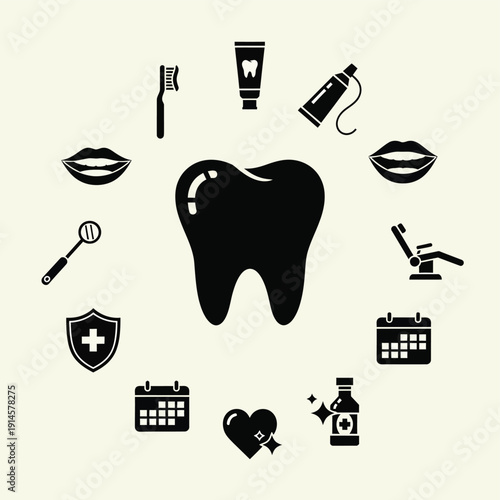 歯の健康と歯科治療に関連するアイコンが円形に配置されたイラスト.