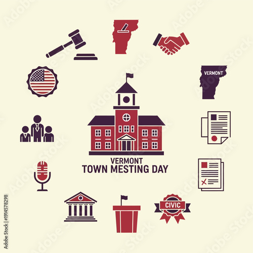 バーモント州の町議会の日を祝うシンボルと建物のイラスト.