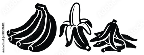 Graphic line art fruit set featuring a bunch of bananas, a peeled banana, and discarded peels for food and nutrition designs