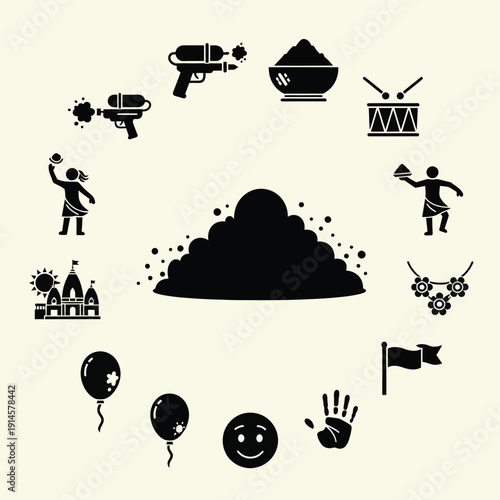 ホーリー祭のカラフルなアイコンの集合、水鉄砲、踊る人々、風船、太鼓、旗、寺院、笑顔、手形、ネックレス、そして中央にカラフルなパウダーの山。.