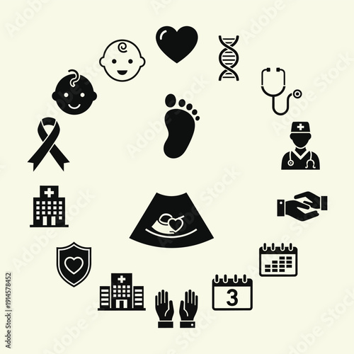 医療、健康、出産、育児、そして生命科学に関連する様々なアイコンが円形に配置されたイラスト.