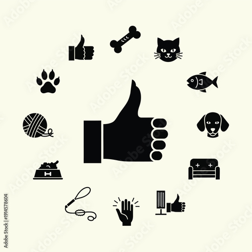 ペット用品やペット関連のアイコンがサムアップのシンボルを中心に円状に配置されたイラスト.