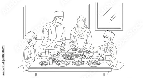 Happy Muslim family enjoying a meal together in their home, celebrating togetherness during Ramadan or Eid.