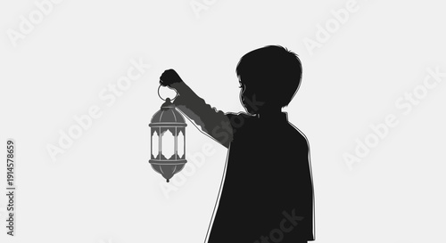 Silhouette of a young boy holding a traditional Ramadan lantern, celebrating the holy month.