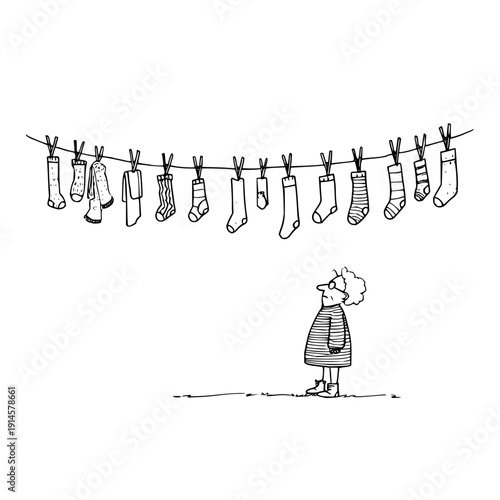 Woman looking up at socks on clothesline person laundry drying hanging profile