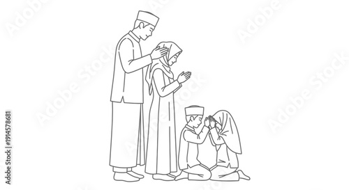 Devout Muslim family praying together at home, performing Salah with focus and peace, isolated white background.