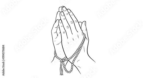 Muslim hands holding prayer beads or Tasbih, engaged in silent prayer and contemplation, isolated white background.