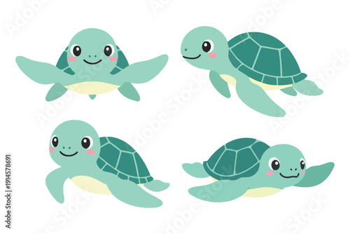 Cute Sea Turtle Character Set in Various Swimming Poses, Kawaii Green Turtle Mascot Collection, Adorable Marine Animal Vector Illustration for Kids